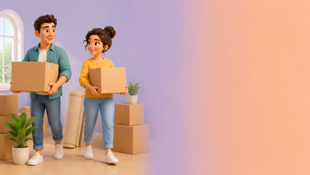 Animated illustration of a happy young couple carrying moving boxes into their new home, surrounded by stacked cartons, houseplants and decor as they move in together