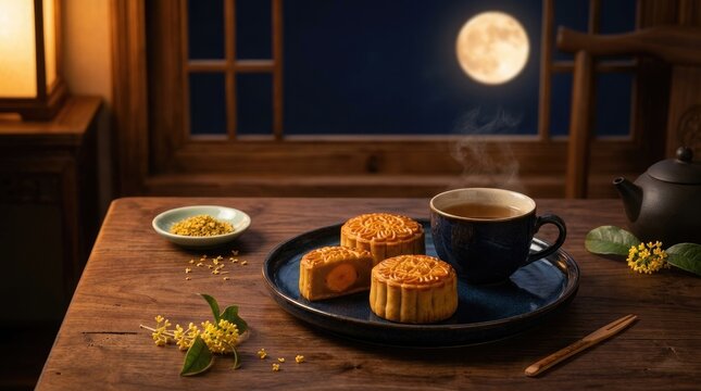 Celebrating the mid autumn festival a serene depiction of mooncakes tea and the radiant full moon symbolizing family reunion and harvest gratitude