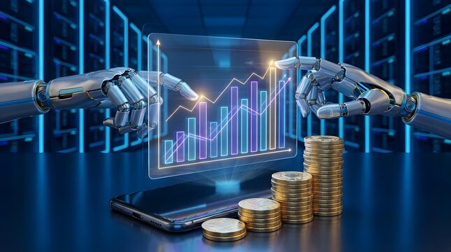 Robotic hands interacting with a digital financial chart and stacks of gold coins in a server room environment