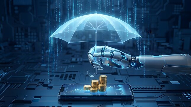 Robot hand holding an umbrella over a stack of coins on a smartphone screen representing digital financial security and protection
