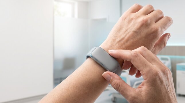 Person Using Smart Health Tracker Band in Hospital
