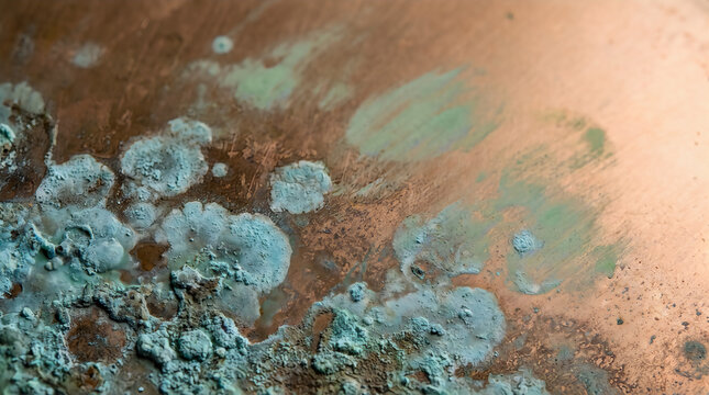 Abstract green mold growth on a textured orange surface