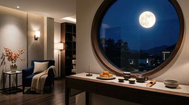 A serene and captivating depiction of the mid autumn festival showcasing a full moon viewed from a luxurious interior symbolizing family reunion
