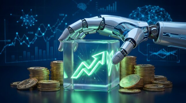 Robotic hand touching a glowing cube with a rising financial arrow graph, surrounded by stacks of gold coins against a digital background