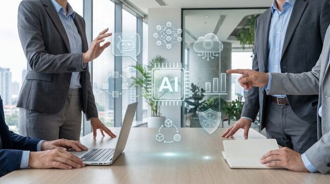 Business Team Collaborating on Artificial Intelligence Project in Modern Office