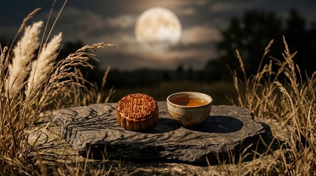 Celebrating the mid autumn festival a serene depiction of the full moon illuminating traditional harvest offerings and the spirit of togetherness in