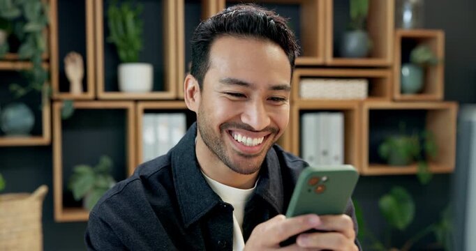 Laughing, text and man in office with phone, online communication and comic post on work break. Happy, chat app and employee in workplace with tech, funny message or meme reaction in free time.