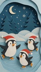 Fototapeta premium Penguins skating under starry sky.