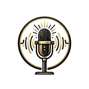 Circular podcast microphone logo with gold accents.