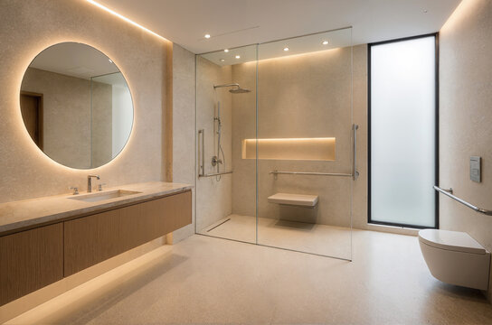 Accessible modern luxury hotel bathroom interior featuring wooden vanity round lit mirror walk-in shower and toilet, real estate