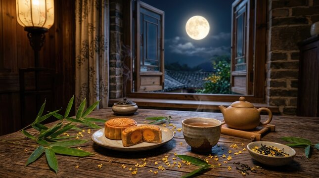 A serene depiction of the mid autumn festival showcasing traditional mooncakes a bright full moon and the cultural significance of family reunions