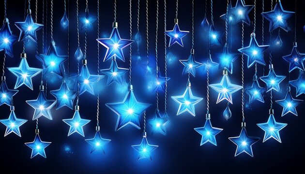 glowing blue star lights hanging in strands on a black background for decoration