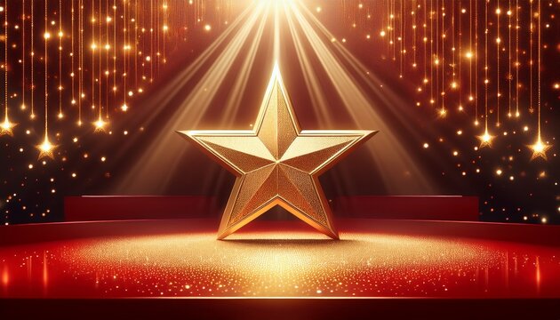 golden star and glitter light on the red stage award ceremony concept background