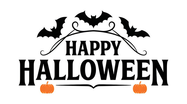 Happy halloween greeting with black bat silhouettes and small orange pumpkin icons.