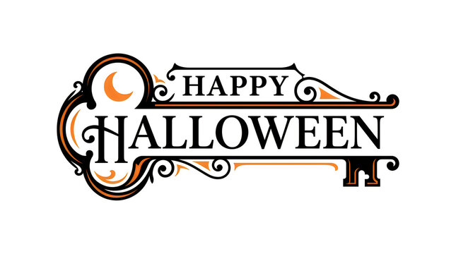 Happy halloween text on vintage key illustration with crescent moon design.