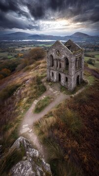 High angle view of a weathered ruin on a hilltop overlooking a valley.