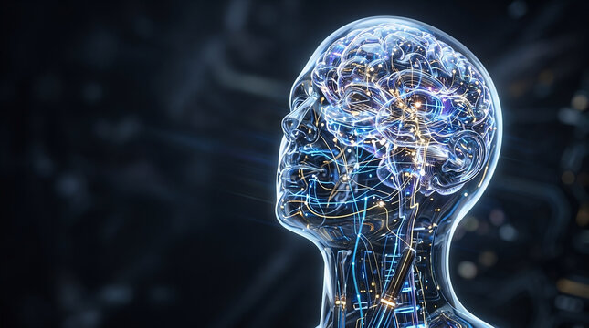 Futuristic transparent human head with glowing digital brain neural network. Perfect futuristic background for AI startup presentations, scientific articles, and tech brand banners.