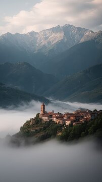 Misty village nestled high in the mountains.