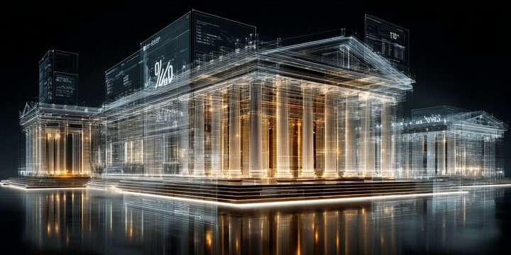 Futuristic digital bank building with glowing wireframe architecture and financial data screens representing fintech