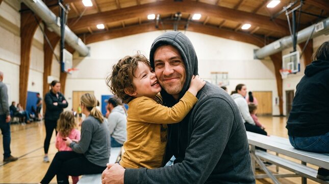 A father and his young son share a loving embrace on the bleachers inside a bustling gymnasium, surrounded by other people.