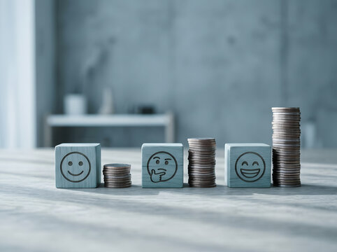 Wooden Emoji Blocks with Coin Stacks Showing Financial Wellbeing Progress