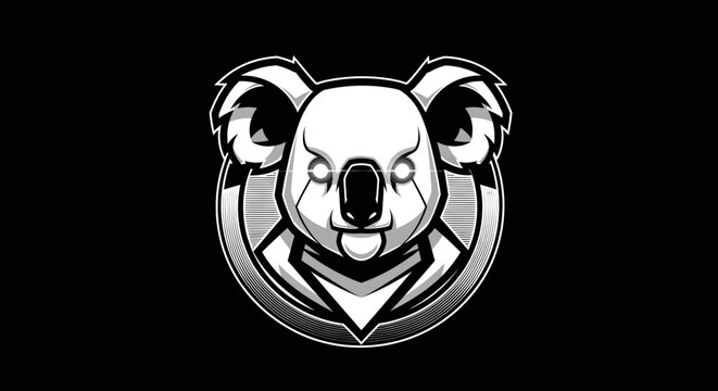 Monochromatic Koala Head Emblem with Glowing Eyes, Fierce Modern Animal Mascot Logo Vector Illustration on Black Background