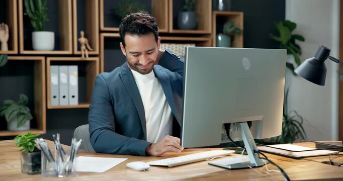 Computer, tired or man in office with neck pain from poor posture, strain or overworked with burnout. Technology, injury and person with fatigue in business, muscle tension or discomfort with stress