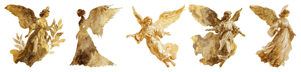 Fototapeta premium PNG Golden angelic figures in flight, element set on transparent background