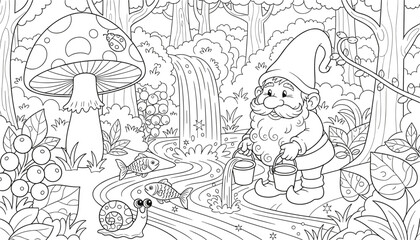 Naklejka premium Forest scene coloring page featuring a cheerful garden gnome holding buckets next to a waterfall, snail, and large mushroom.