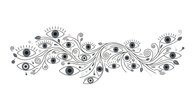 Abstract mystical illustration featuring a swirling vine pattern made of multiple open eyes in black and white.