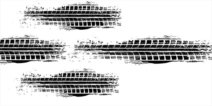 Tire tread marks, drift, motorsport, motocross, rally, tread mark with skid, grinding, splash effect. Graphic set of tire treads, wheel texture, car racing. Vector collection, wheel treads on asphalt