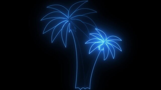 Neon palm tree icon animation, color flicker. Glowing neon palm icon, looped color blink animation. Coconut palm tree, exotic island, tropical oasis and paradise,