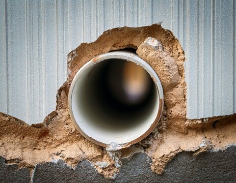 cracked electrical conduit pipe visible through wall damage
