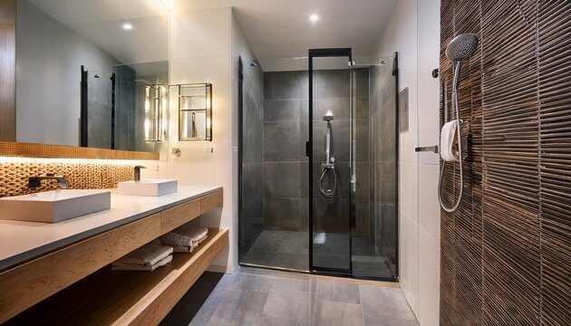 modern accessible bathroom with a walk in shower and elegant decor
