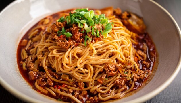 sichuan dan dan noodles captured with a close up of the tangled wheat noodles coated in chili oil topped with minced pork