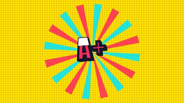 An energetic animation featuring an 'A+' grade symbol spinning against a vibrant sunburst of red and teal rays on a textured yellow background, celebrating academic success and excellence.