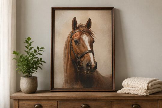 Framed horse artwork on wooden console with plant and blanket, home decor concept