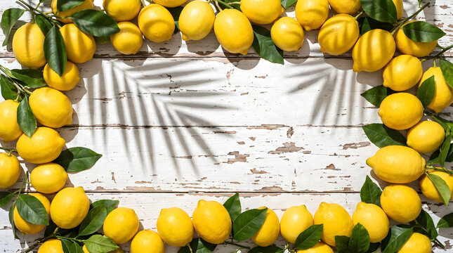 Fresh yellow lemons frame on white rustic wooden background.