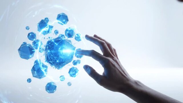 A hand interacts with glowing blue crystals, triggering a bright energy spark upon contact. This sci-fi sequence depicts futuristic data manipulation and digital connectivity.