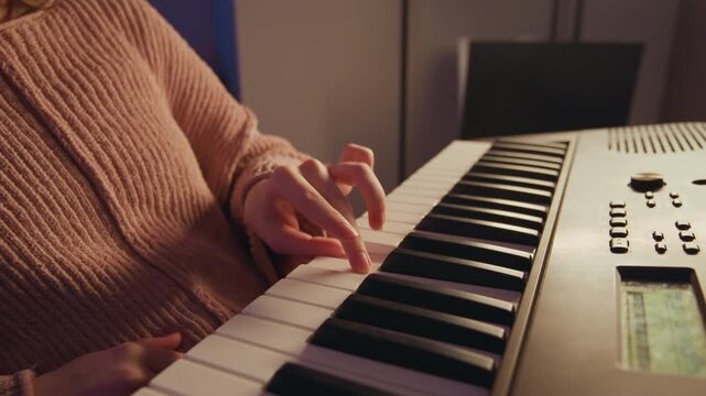 Close-up shows both hands playing electronic keyboard with curved fingers, visible key presses, and warm side light in cozy indoor setting, suggesting calm home music practice and gentle rhythm