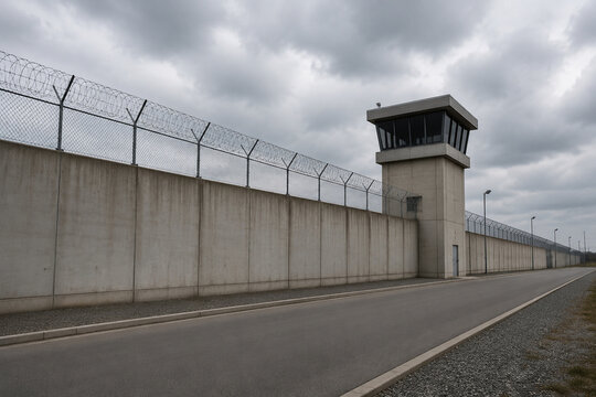 Modern correctional facility exterior with concrete wall and guard tower, security concept