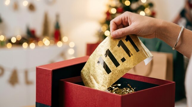 Hand Reaching Into Decorative Gift Box with Golden Confetti and Number 11.11 During Holiday Celebration