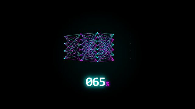 A futuristic digital display shows a neon neural network pulsing with light as a percentage counter rapidly increases from 16% to 93% on a dark background.