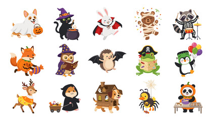 Obraz premium Cute Halloween Animals in Costumes Vector Set with Ghost Dog, Witch Cat, Vampire Bunny, Mummy, Pirate and Spooky Characters