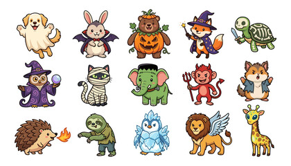 Naklejka premium Cute Halloween Animal Costume Vector Set with Ghost Dog, Bat Rabbit, Pumpkin Bear, Witch Fox and Spooky Creatures