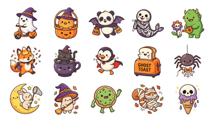 Obraz premium Cute Halloween Kawaii Character Set with Animals, Ghost, Witch, Pumpkin, Skeleton, Mummy and Spooky Treats