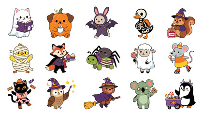 Obraz premium Cute Halloween Animal Character Icon Set with Witch Costumes, Pumpkin, Bat, Ghost, Owl and Trick or Treat Illustrations