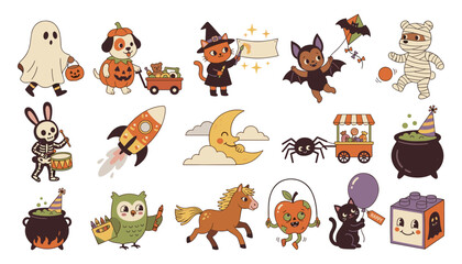 Obraz premium Cute Halloween Animal Character Set with Ghost, Witch Cat, Pumpkin Dog, Bat, Mummy, Skeleton and Spooky Creatures