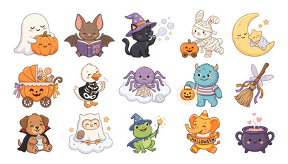 Obraz premium Cute Halloween Kawaii Animal Character Set with Ghost, Pumpkin, Witch Cat, Mummy Bunny, Frog Wizard and Spooky Creatures