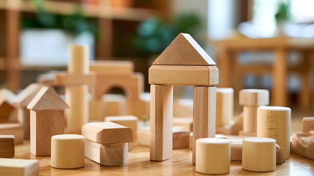 Wooden blocks shaped like houses and cylinders arranged on a wooden surface for creative building play